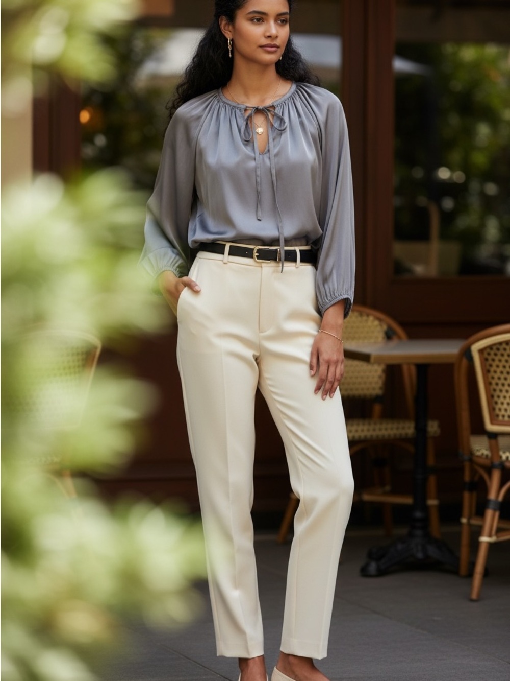 Quiet Luxury Boho Satin Charcoal Long sleeve Blouse with Front Keyhole Tie Close
